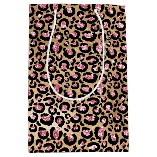 Roze Gold Glitter Leopard Animal Print  Medium Cadeauzakje (Voorkant)