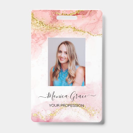 Roze Gold Glitter Marble Agate Logo Business ID Badge (Voorzijde)