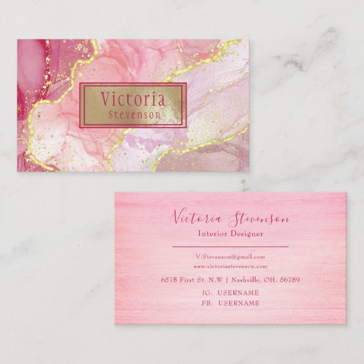 Roze Gold Glitter Marble Geode Monogram Agate Visitekaartje (Voorkant / Achterkant)