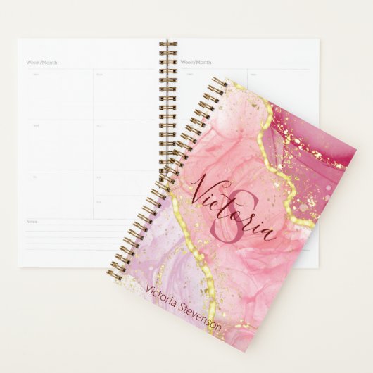 Roze Gold Glitter Marble Geode Monogram Planner (Display)