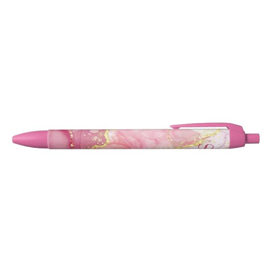 Roze Gold Glitter Marble Geode Monogram Zwarte Inkt Pen (Bovenkant)
