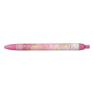 Roze Gold Glitter Marble Geode Monogram Zwarte Inkt Pen