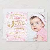 Roze & Gold Glitter Mermaid Foto 2e verjaardag Kaart (Voorkant)