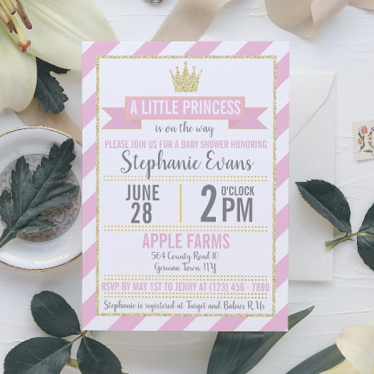 Roze Gold Glitter Princess Baby shower Invitation Kaart