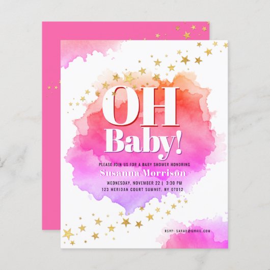 Roze Gold Glitter Stars Baby shower Uitnodiging (Voorkant / Achterkant)
