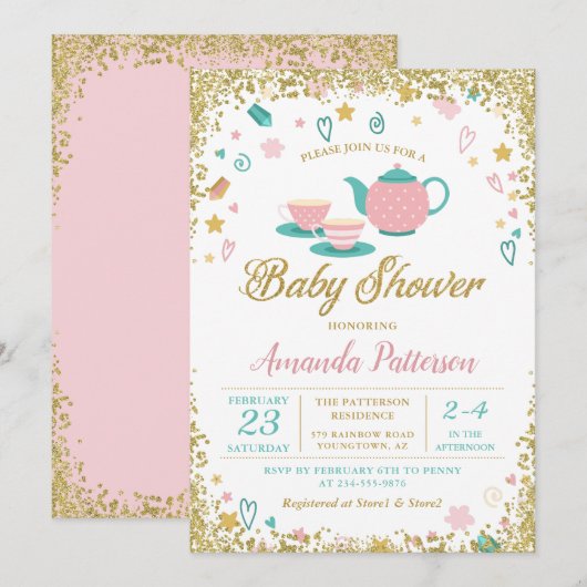 Roze Gold Glitter Tea Party Baby shower Kaart (Voorkant / Achterkant)