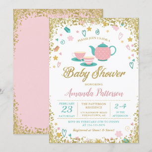 Roze Gold Glitter Tea Party Baby shower Kaart