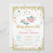 Roze Gold Glitter Tea Party Baby shower Kaart (Voorkant)
