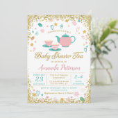 Roze Gold Glitter Tea Party Baby shower Kaart (Staand voorkant)