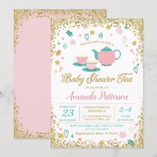 Roze Gold Glitter Tea Party Baby shower Kaart
