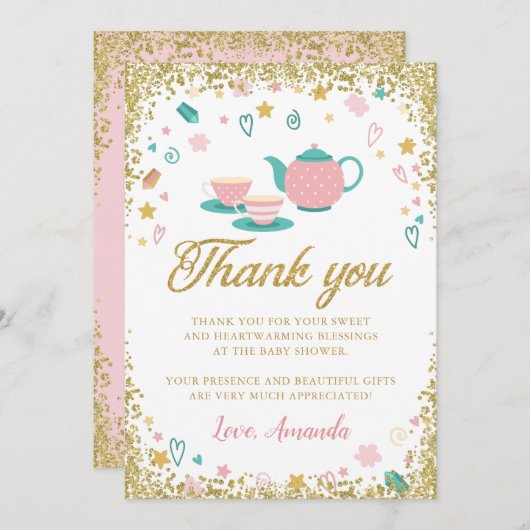 Roze Gold Glitter Tea Party Hartelijk dank Kaart (Voorkant / Achterkant)