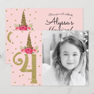 Roze Gold Glitter Unicorn 4 4e verjaardag Kaart