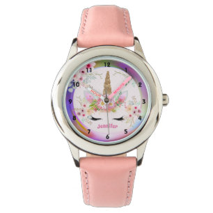 Roze Gold Glitter Unicorn Face Flowers Girls Gifts Horloge