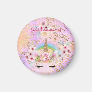 Roze Gold Glitter Unicorn Face Rainbow Girls Gift Magneet