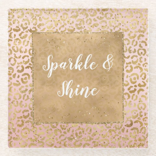 Roze Gold Glitz Sparkle Leopard Print Glazen Onderzetter (Voorkant)