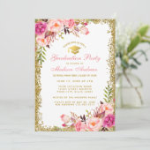 Roze Gold Graduation Party Glitter Invitation Kaart (Staand voorkant)