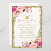 Roze Gold Graduation Party Glitter Invitation Kaart (Voorkant / Achterkant)