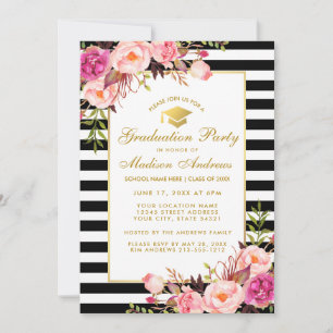 Roze Gold Graduation Party Striped Invitation Kaart