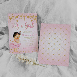 Roze Gold Heart Girl Tutu Baby shower Invitation Kaart