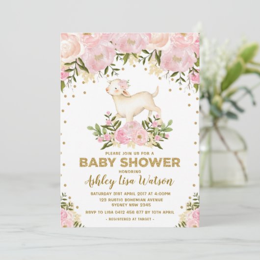 Roze Gold Lamb Baby shower Blush Floral Invitation Kaart (Staand voorkant)