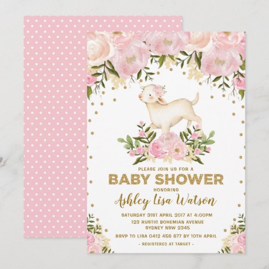 Roze Gold Lamb Baby shower Blush Floral Invitation Kaart (Voorkant / Achterkant)