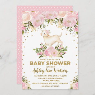 Roze Gold Lamb Baby shower Blush Floral Invitation Kaart