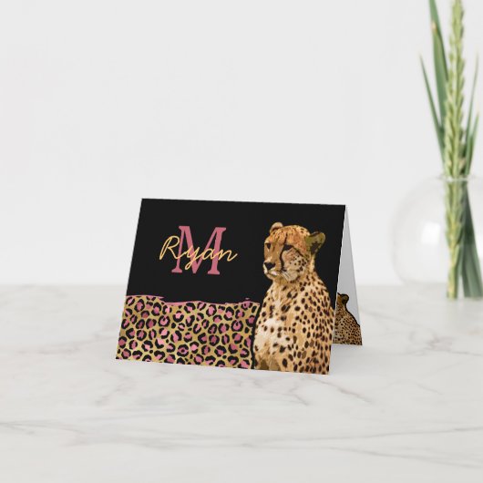 Roze Gold Leopard Cheetah gepersonaliseerde monogr Notitiekaartje (Voorkant)