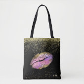 *~* Roze Gold Lips Gold Glitter Black Tote Bag (Voorkant)