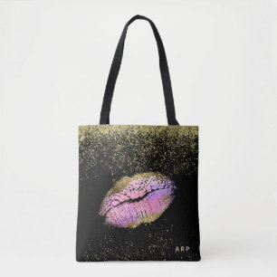 *~* Roze Gold Lips Gold Glitter Black Tote Bag