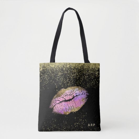 *~* Roze Gold Lips Gold Glitter Black Tote Bag (Voorkant)