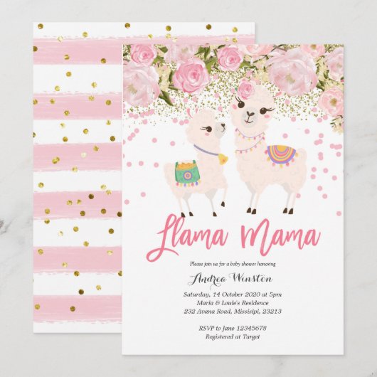Roze Gold Llama Mama Baby shower Uitnodiging (Voorkant / Achterkant)