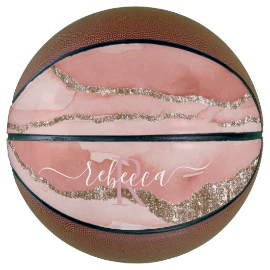 Roze Gold Marble Monogram Calligrafie Script Name Basketbal (Voorkant)