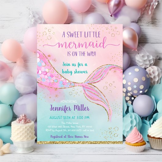 Roze Gold Mermaid Baby shower Kaart