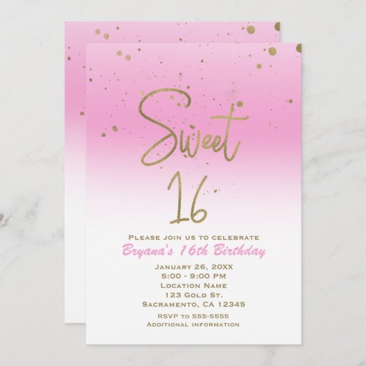 Roze & Gold Modern Glam SWEET 16-jarig feest Kaart (Voorkant / Achterkant)