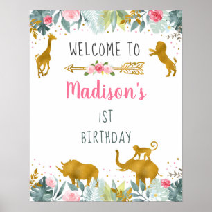 Roze Gold Safari Animal Greenery Birthday Welcome Poster