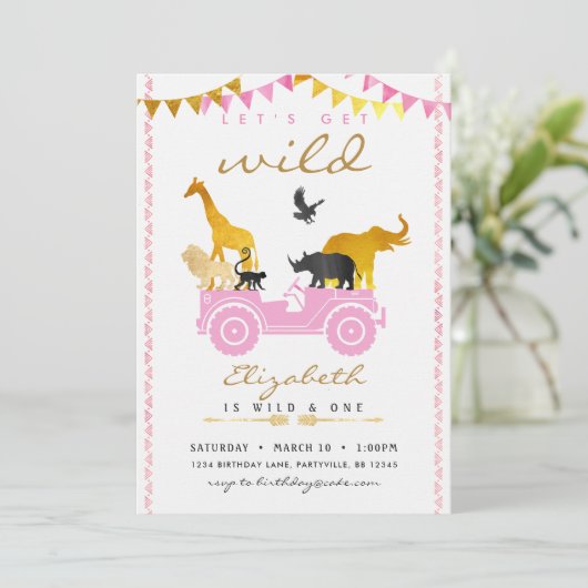 Roze Gold Safari Birthday Uitnodiging (Staand voorkant)