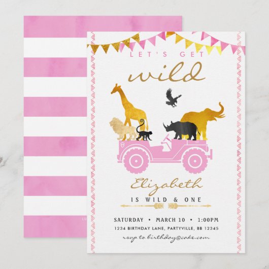 Roze Gold Safari Birthday Uitnodiging (Voorkant / Achterkant)