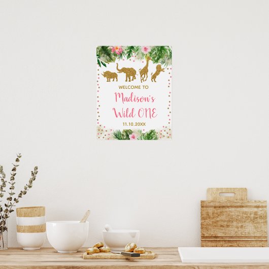 Roze & Gold Safari Wilde Een eerste verjaardag Poster (Keuken)