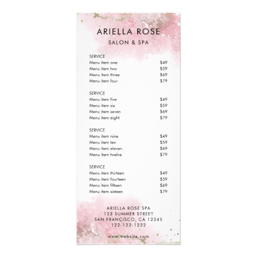 Roze Gold Salon Service Menu Price List Rack Card (Voorkant)