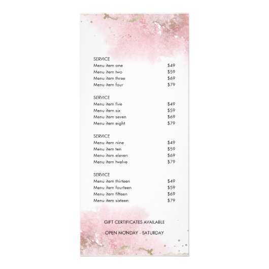 Roze Gold Salon Service Menu Price List Rack Card (Achterkant)