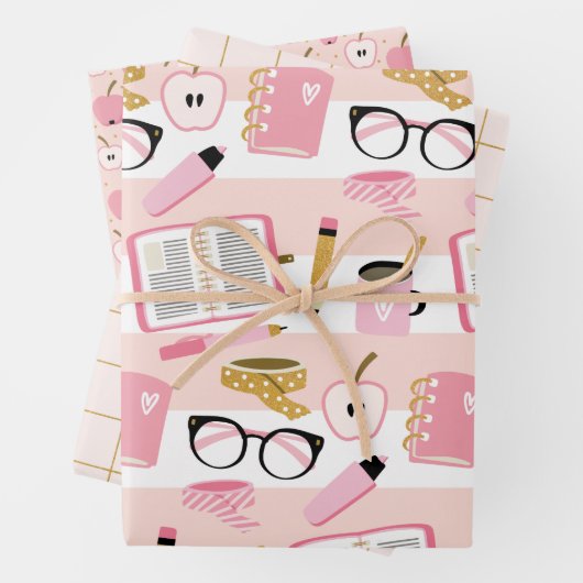 Roze Gold School Girl Wrapping Paper Set (In situ)