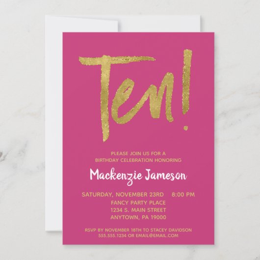 Roze Gold Script 10th Birthday Party Invitation Kaart (Voorkant)