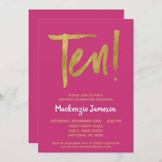 Roze Gold Script 10th Birthday Party Invitation Kaart (Voorkant / Achterkant)