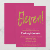 Roze Gold Script 11th Birthday Party Invitation Kaart (Voorkant / Achterkant)