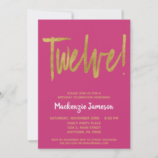Roze Gold Script 12th Birthday Party Invitation Kaart (Voorkant)