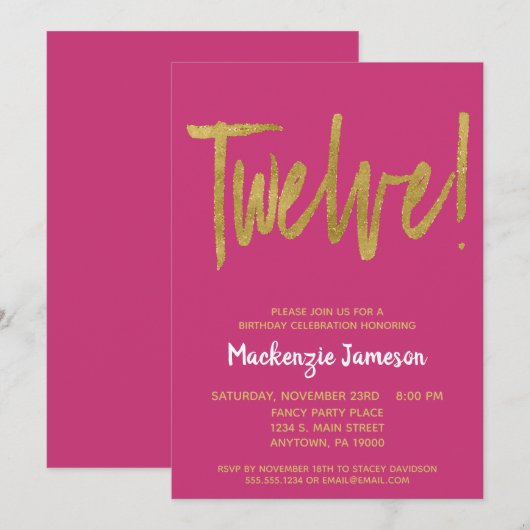 Roze Gold Script 12th Birthday Party Invitation Kaart (Voorkant / Achterkant)