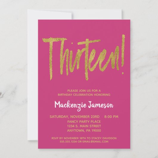 Roze Gold Script 13th Birthday Party Invitation Kaart (Voorkant)