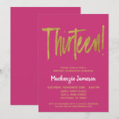 Roze Gold Script 13th Birthday Party Invitation Kaart (Voorkant / Achterkant)