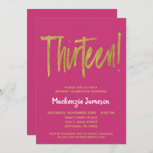 Roze Gold Script 13th Birthday Party Invitation Kaart (Voorkant / Achterkant)