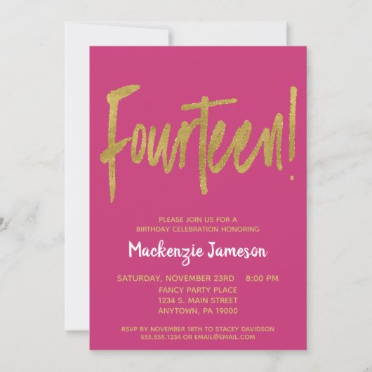 Roze Gold Script 14th Birthday Party Invitation Kaart (Voorkant)